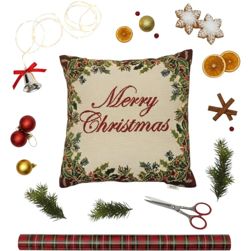 Park B. Smith Merry Christmas Tapestry Throw Pillow Holly Green Red 18x18 Woven